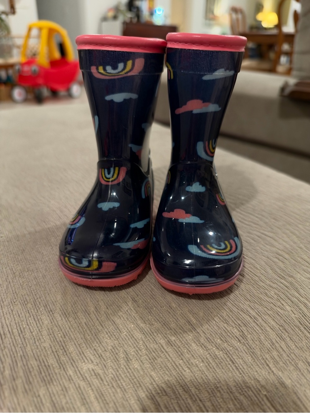Carter's Navy Rain Boots with Pink Trim and Rainbow Cloud Motif